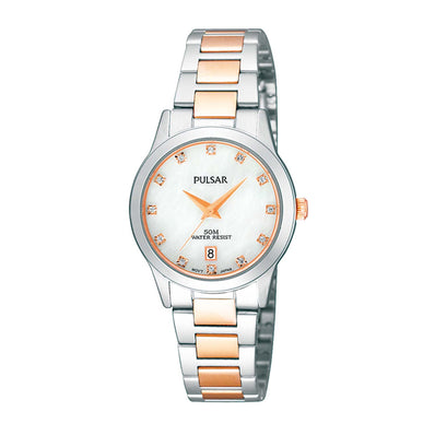 Pulsar Silver and Rose Tone Crystal 50WR Date Watch