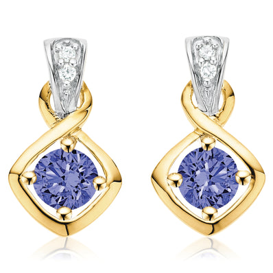 9ct Yellow Gold Round Brilliant Cut Tanzanite & Diamond Set  Drop Earrings