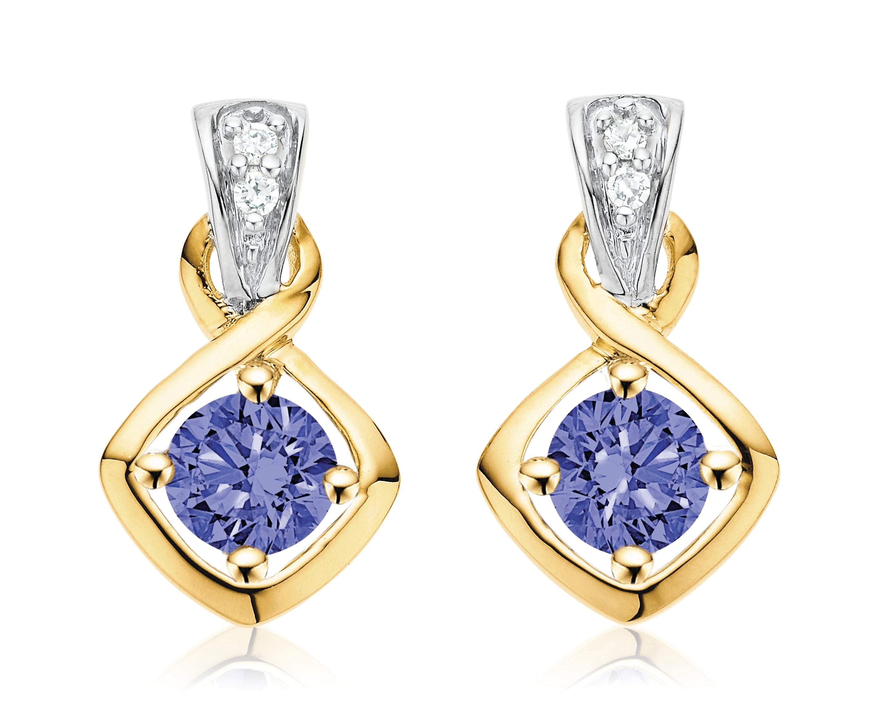 9ct Yellow Gold Round Brilliant Cut Tanzanite & Diamond Set  Drop Earrings