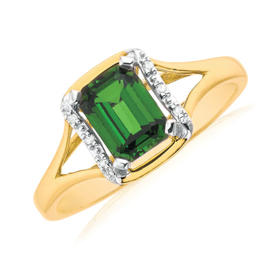 9ct Yellow Gold Emerald & Round Brilliant Cut Created Emerald & Diamond Set Ring
