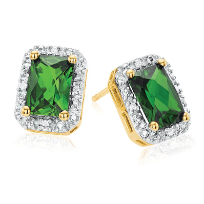 9ct Yellow Gold Emerald & Round Brilliant Cut Created Emerald & Diamond Set Stud Earrings