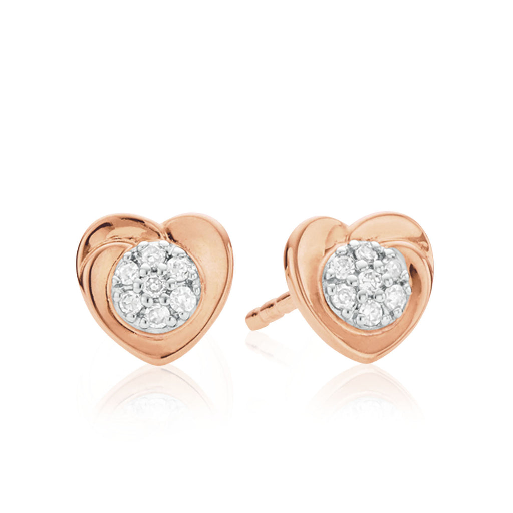 9ct Rose Gold & Diamond Set Heart Stud Earrings
