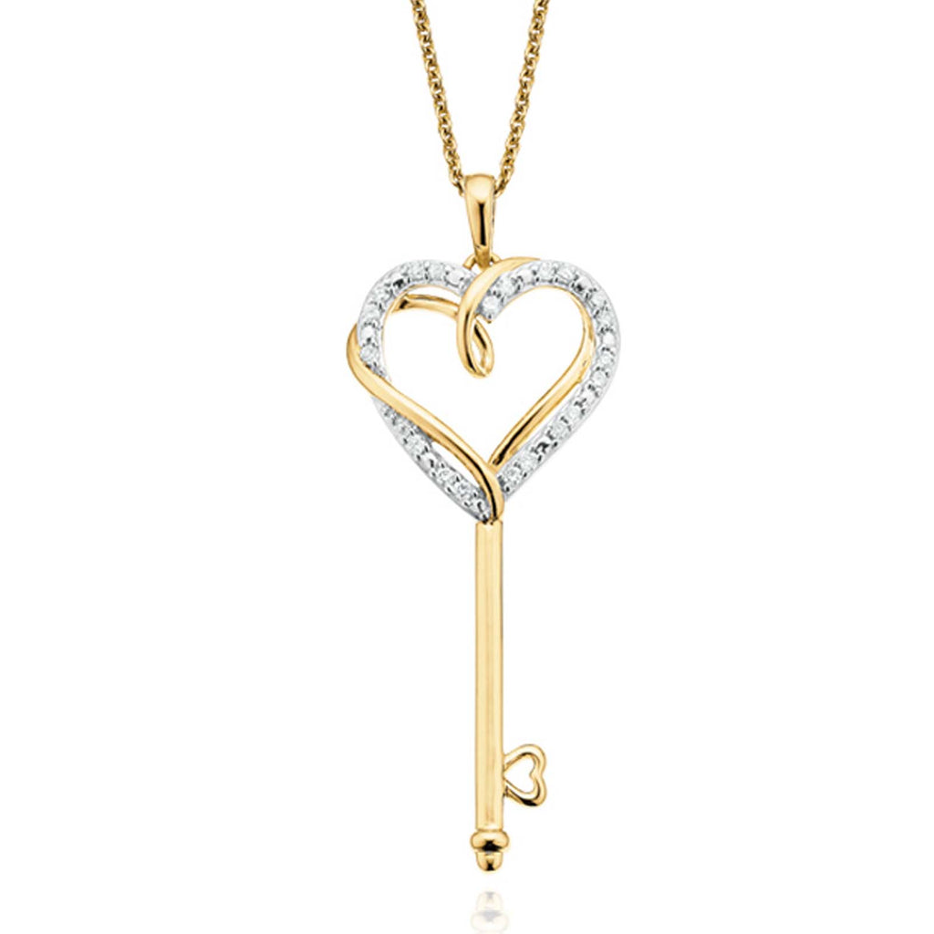 9ct Yellow Gold Round Brilliant Cut Heart & Key with 0.10 CARAT tw of  Diamond Pendant