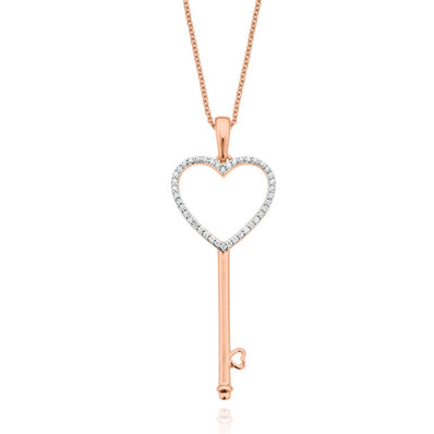 9ct Rose Gold Round Brilliant Cut Heart & Key with 0.15 CARAT tw of  Diamond Pendant