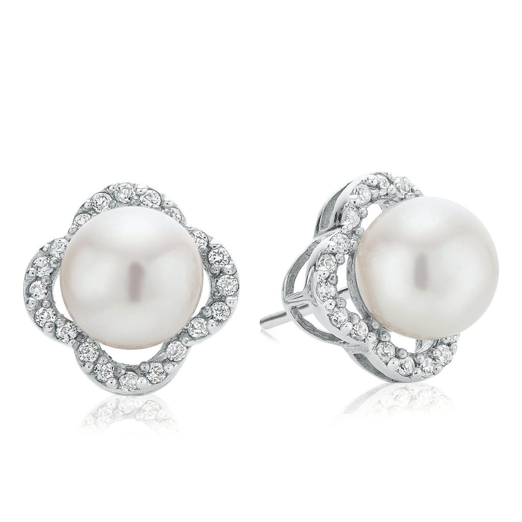 Sterling Silver Pearl and Cubic Zirconia  Stud Earrings