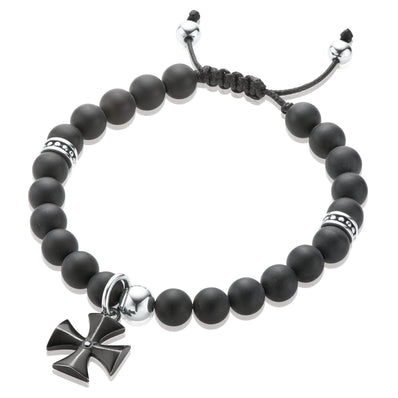 Tensity Stainless Steel Onyx and Cross Charm Bracelet