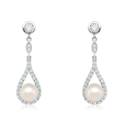 Sterling Silver Fresh Water Pearls and Cubic Zirconia Drop Earrings