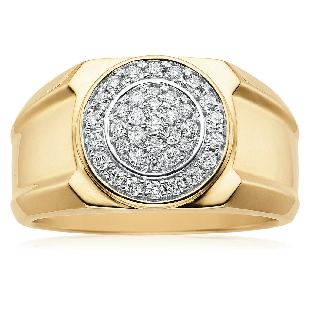 9ct Yellow Gold Round Brilliant Cut with 1/2 CARAT tw of Diamonds Circle Halo Mens Ring