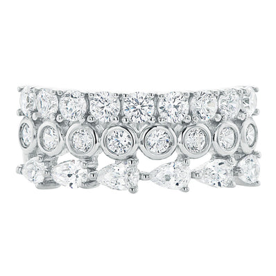 Sterling Silver with Round & Pear White Cubic Zirconia Multi-Row Ring