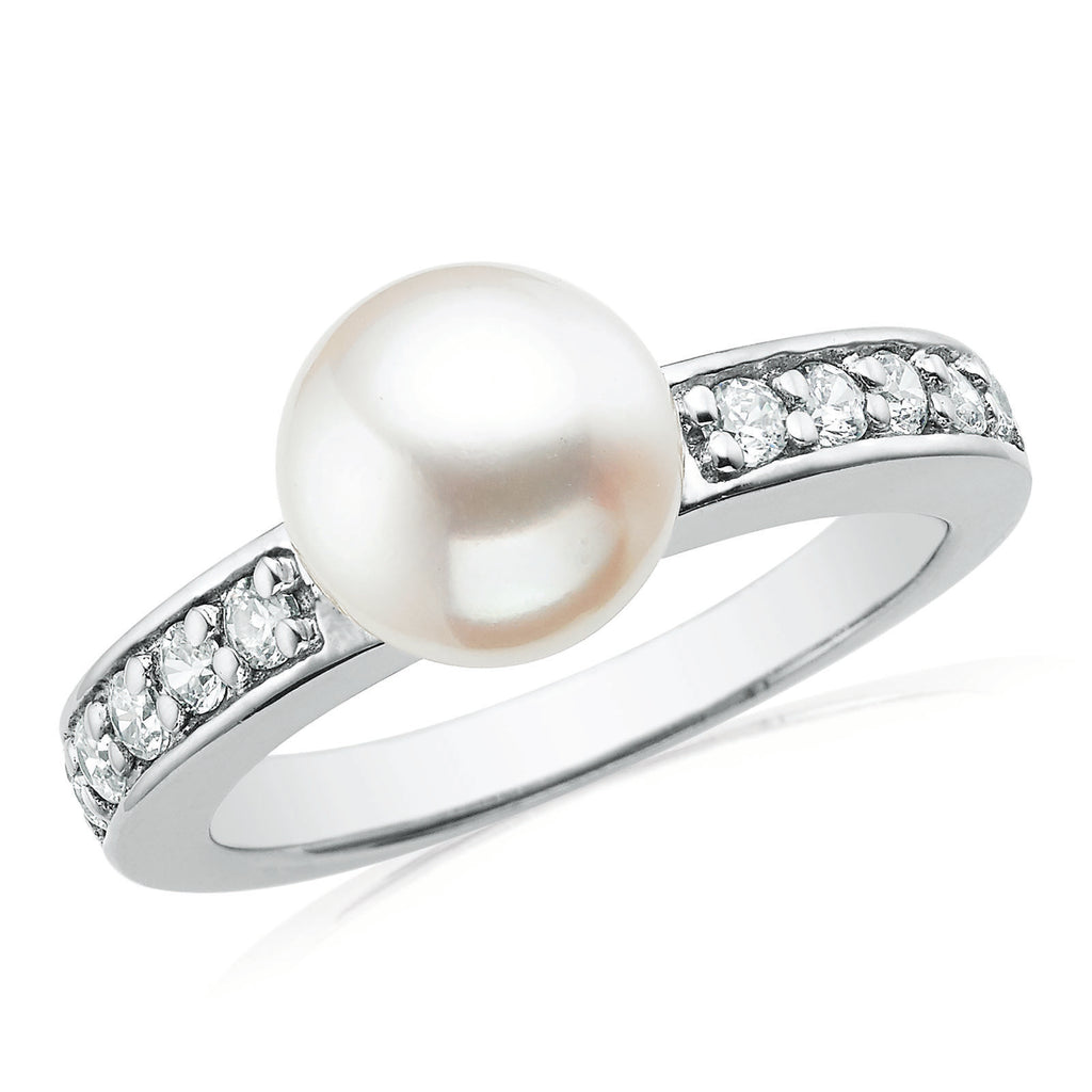 Sterling Silver 8-9mm Fresh Water Pearl and Cubic Zirconia Ring