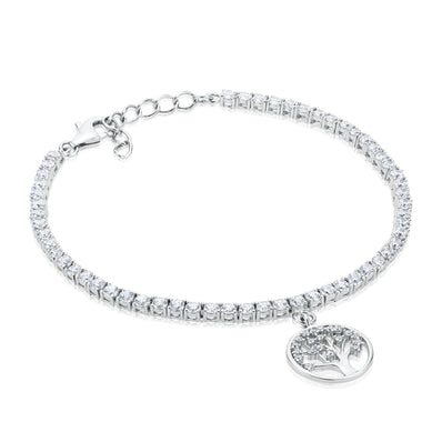 Sterling Silver Adjustable Cubic Zirconia Bracelet with Tree of Life Charm