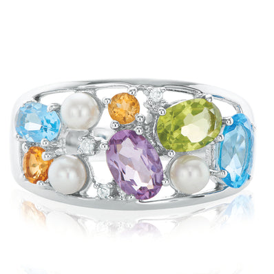 9ct White Gold Diamond Set with Freshwater Pearl Amethyst Peridot Citrine and Blue Topaz Rainbow Ring