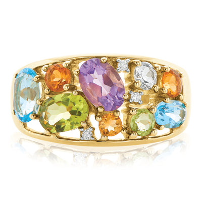 9ct Yellow Gold Diamond Set with Amethyst Peridot Citrine and Blue Topaz Rainbow Ring