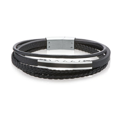Tensity Stainless Steel and Black Leather ID Bracelet