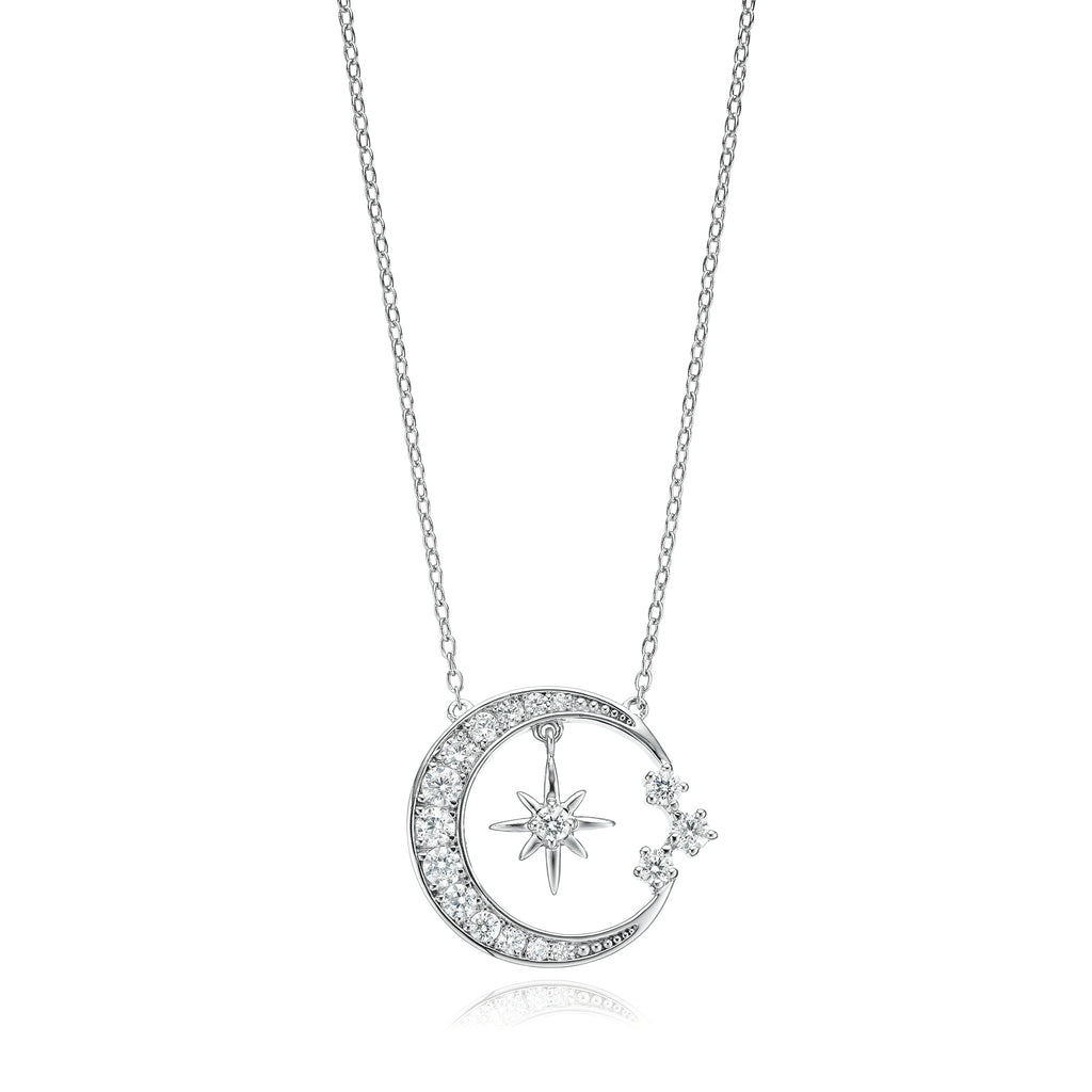 Sterling Silver Round 45cm Cubic Zirconia Moon & Star Pendant