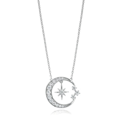 Sterling Silver Round 45cm Cubic Zirconia Moon & Star Pendant