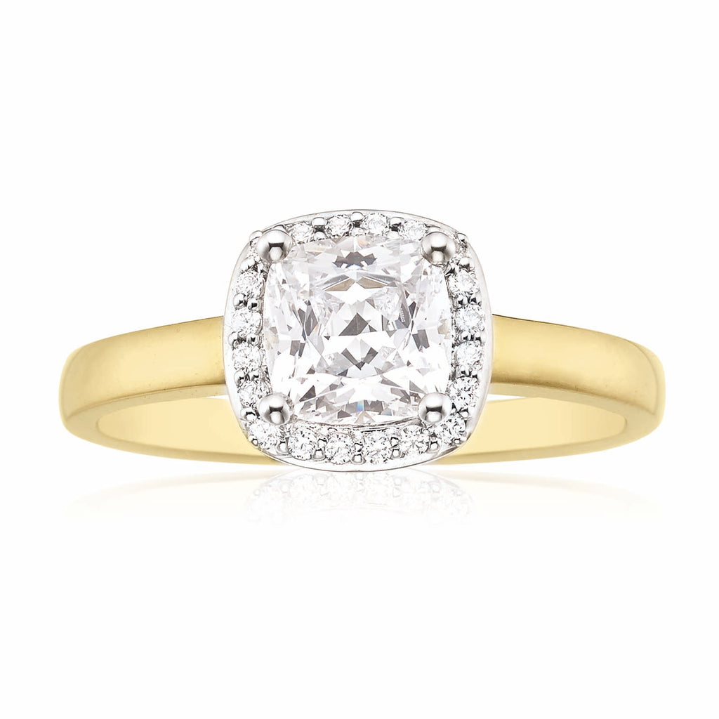 HUSH 9ct Two Tone Gold Cushion & Round Brilliant Cut with 1.25 CARAT tw of Diamond Simulants Ring