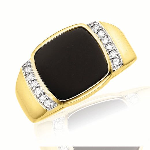 9ct Yellow Gold Diamond Set & Onyx Square Mens Ring – Zamels