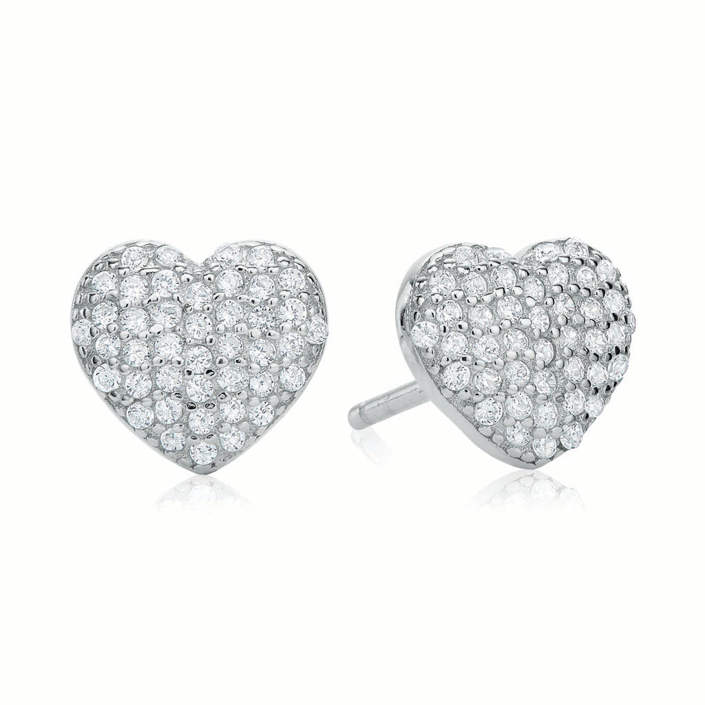 Sterling Silver Cubic Zirconia Pave Heart Stud Earrings