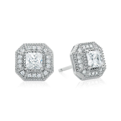 Sterling Silver Princess & Round Brilliant Cut Cubic Zirconia Halo  Stud Earrings