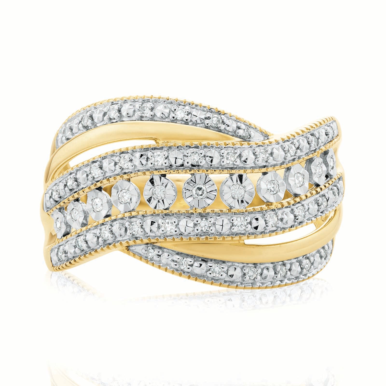 9ct Two Tone Gold Round Brilliant Cut Ring with 0.15 Carat tw of Diamonds Ring