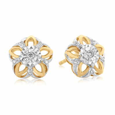 9ct Two Tone Gold & Diamond Set Stud Earrings