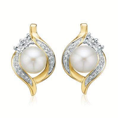 9ct Two Tone Gold6mm Freshwater Pearl& Diamond Set Stud Earrings