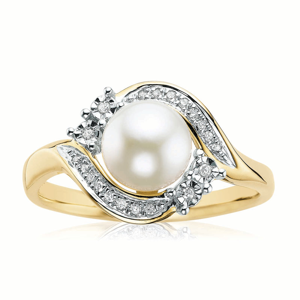 9ct Two Tone Gold  7mm Freshwater Pearl  & Diamond Set Ring