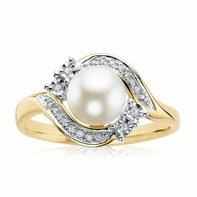 9ct Two Tone Gold  7mm Freshwater Pearl  & Diamond Set Ring