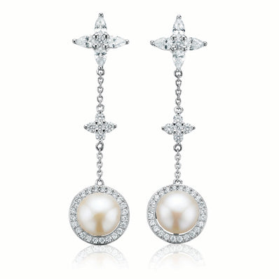 Sterling Silver Fresh Water Pearls and Cubic Zirconia  Drop Earrings