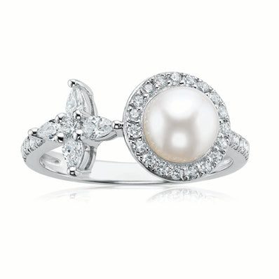 Sterling Silver  Fresh Water Pear and Cubic Zirconia Ring