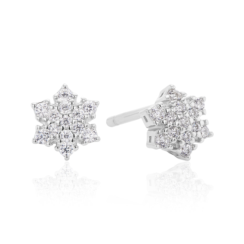 Sterling Silver with White Cubic Zirconia Snowflake Stud Earrings