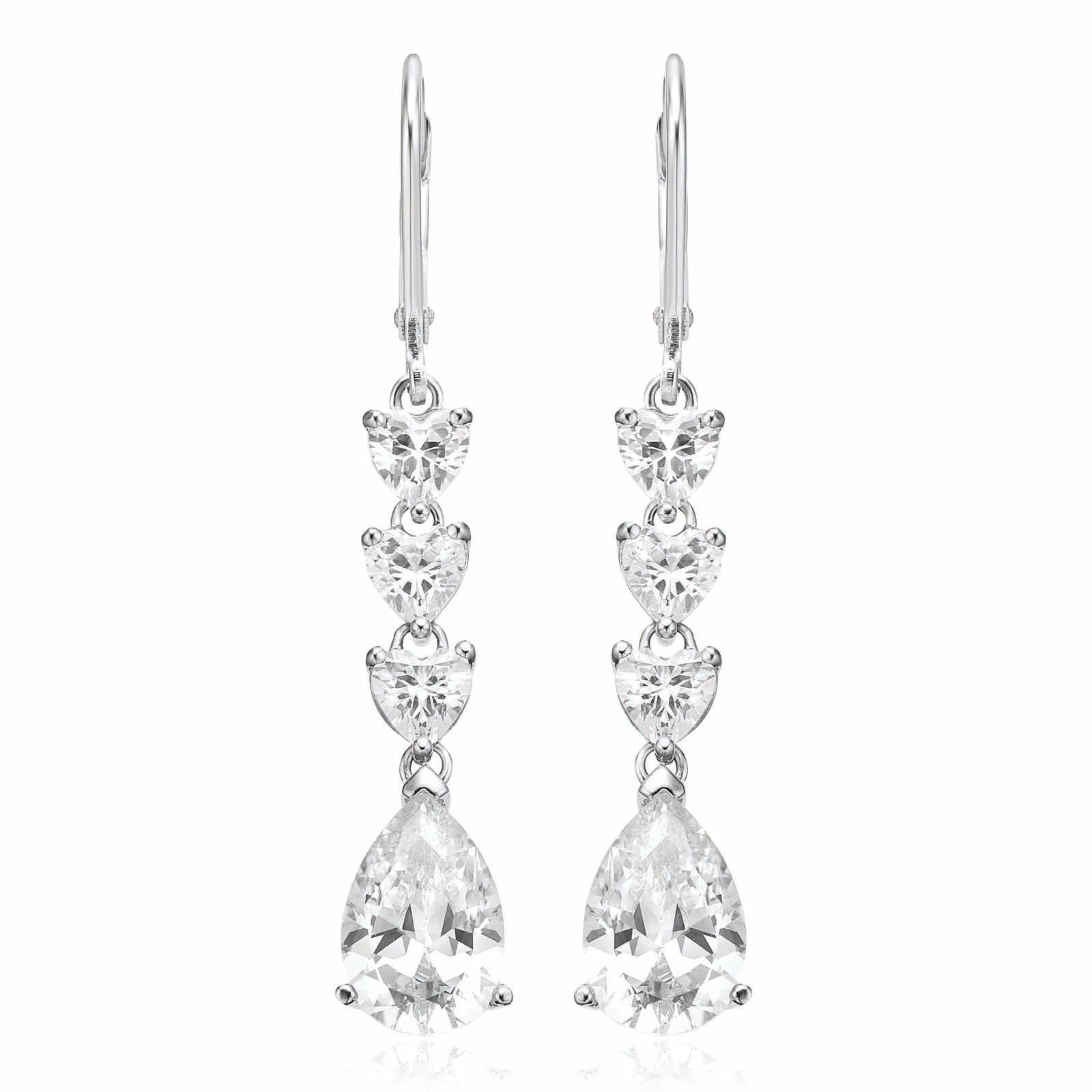 Sterling Silver Pear & Round  Cubic Zirconia Drop Earrings