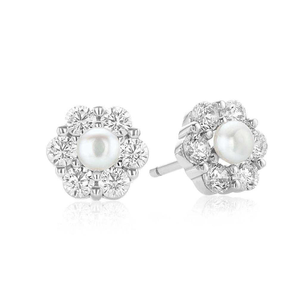 Sterling Silver Fresh Water Pearl & Cubic Zirconia  Stud Earrings