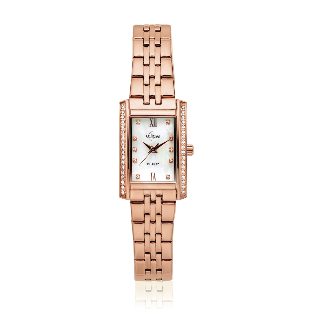 Eclipse Rose Tone Rectangle Mother of Pearl Dial Crystal Watch