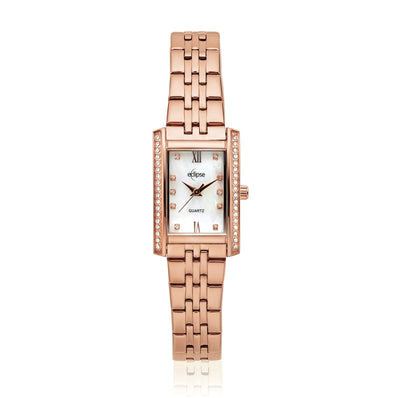Eclipse Rose Tone Rectangle Mother of Pearl Dial Crystal Watch
