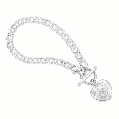 Sterling Silver 19cm T-Bar Heart Bracelet
