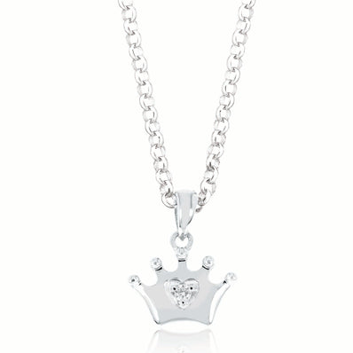 My First Diamond Kids Sterling Silver Round Brilliant Cut Diamond Set Crown Necklace