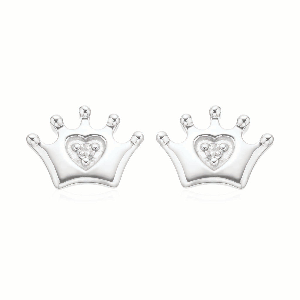 My First Diamond Kids Sterling Silver Round Brilliant Cut Diamond Set Crown Stud Earrings