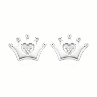 My First Diamond Kids Sterling Silver Round Brilliant Cut Diamond Set Crown Stud Earrings