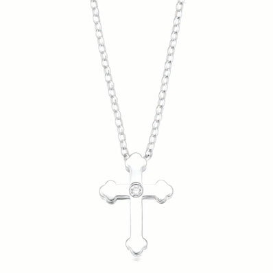 Sterling Silver Round Brilliant Cut Diamond Set Kids Cross Necklace