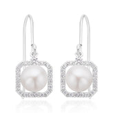 Sterling Silver 7-7.5 mm Pearl Cubic Zirconia Drop Earrings