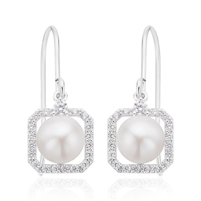 Sterling Silver 7-7.5 mm Pearl Cubic Zirconia Drop Earrings