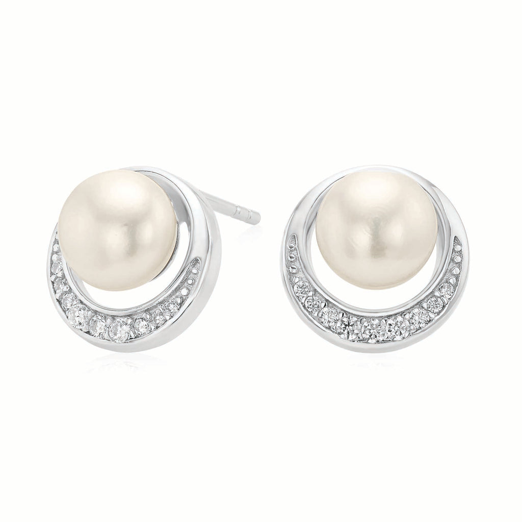 Sterling Silver8-8.5mm Fresh Water Pearls and Cubic Zirconia  Stud Earrings