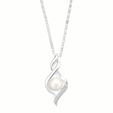 Sterling Silver  Button 7.5-8 mm White Fresh Water Pearl Cubic Zirconia Pendant