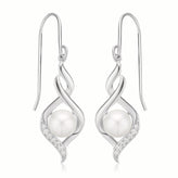 Sterling Silver  Button 6.5-7 mm White Fresh Water Pearl Cubic Zirconia Drop Earrings