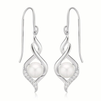 Sterling Silver  Button 6.5-7 mm White Fresh Water Pearl Cubic Zirconia Drop Earrings