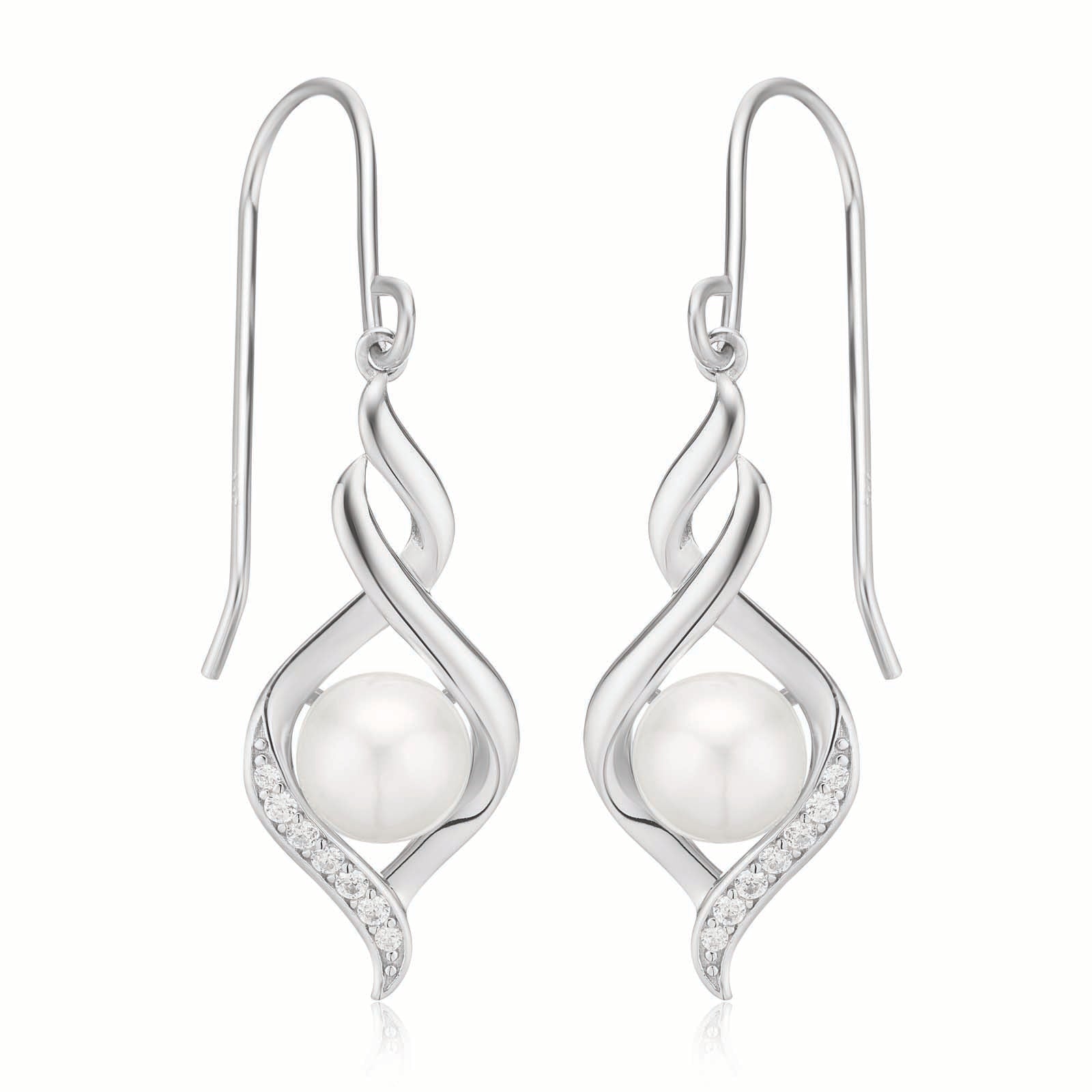 Sterling Silver  Button 6.5-7 mm White Fresh Water Pearl Cubic Zirconia Drop Earrings