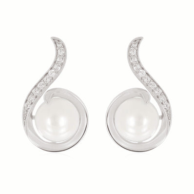 Sterling Silver Fresh Water Pearl and Cubic Zirconia  Stud Earrings