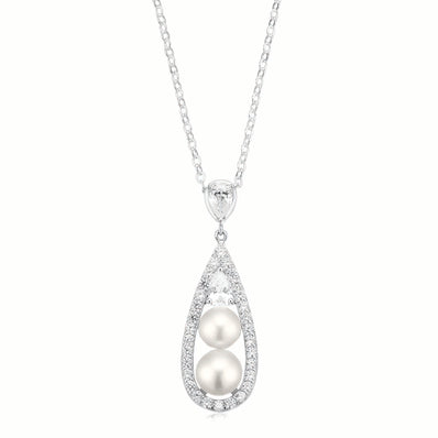 Sterling Silver  Button 6.5-7 mm White Fresh Water Pearl Cubic Zirconia Pendant